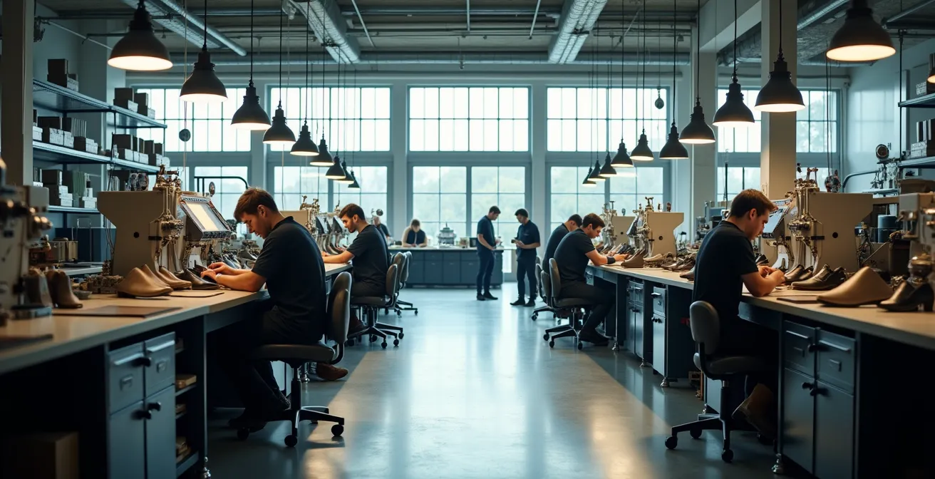 Vue d'ensemble d'un atelier de fabrication français avec machines et artisans au travail